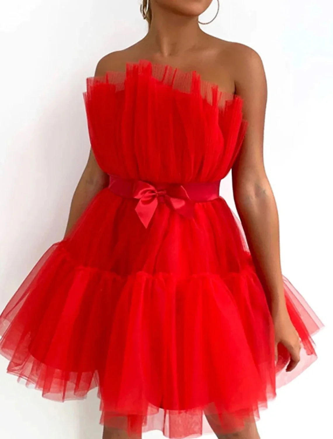 Women‘s Party Pink Sleeveless Pure Color Backless Layered Mesh Strapless Homecoming Dress