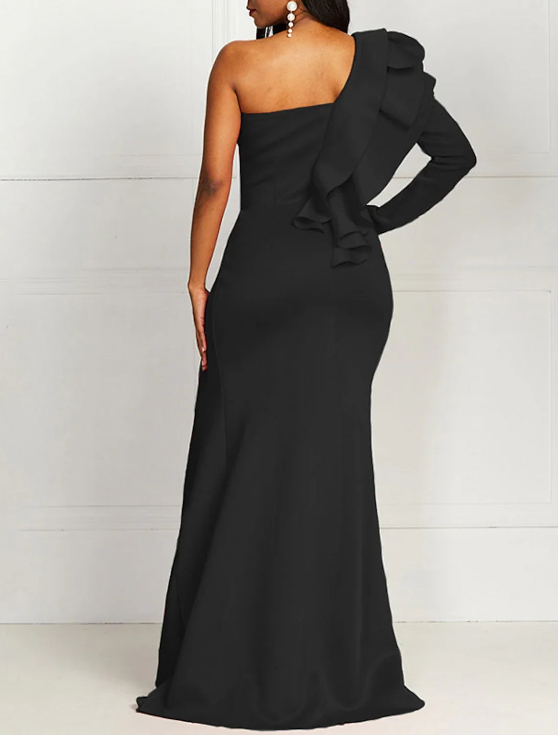 Mermaid / Trumpet Evening Gown Elegant Dress Formal Evening Floor Length Long Sleeve One Shoulder Fall Wedding Guest Fabric with Ruffles Pure Color
