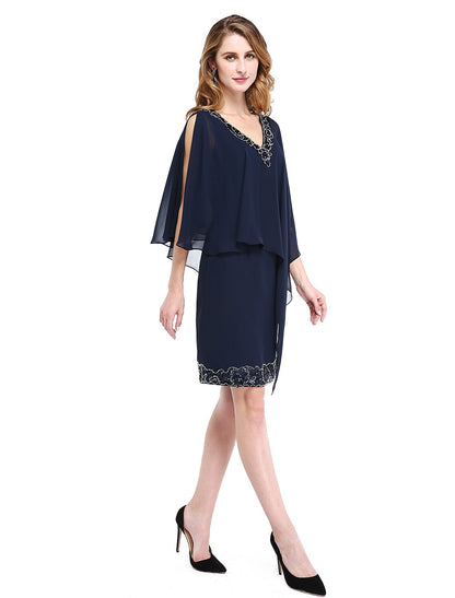 Sheath / Column Mother of the Bride Dress V Neck Knee Length Chiffon Sleeveless No with Beading Sequin