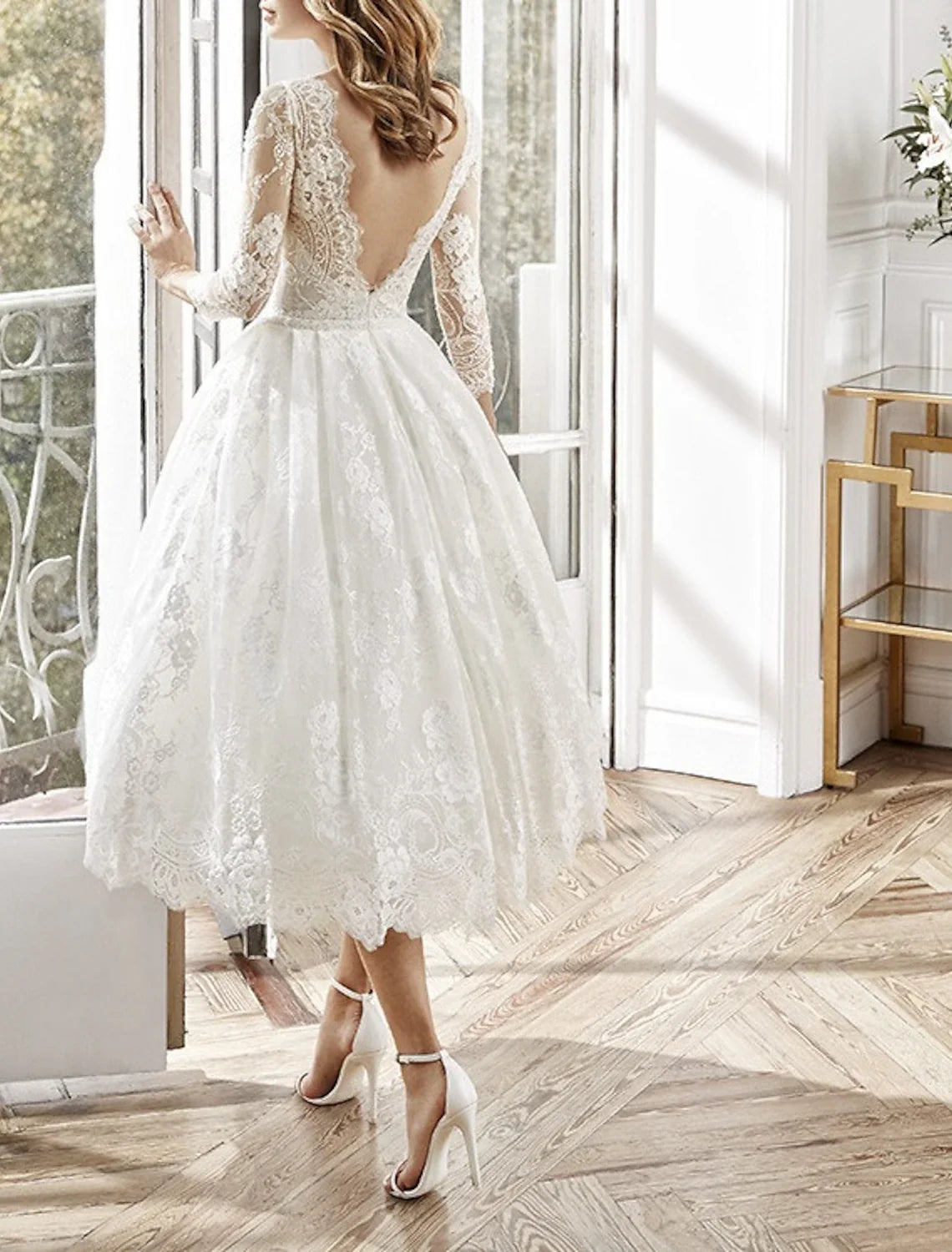 A-Line Party Dresses Elegant Dress Wedding Guest Homecoming Tea Length Long Sleeve Jewel Neck Polyester Backless with Appliques