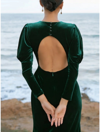 A-Line Evening Gown Elegant Dress Formal Fall Floor Length Long Sleeve Jewel Neck Velvet with Ruched
