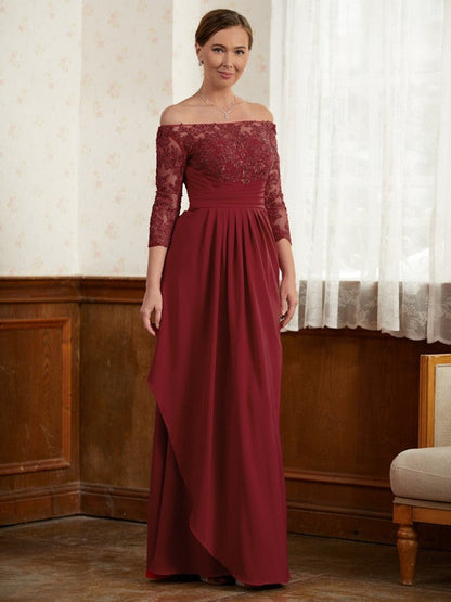 A-Line/Princess Crepe Lace Off-the-Shoulder 3/4 Sleeves Floor-Length Mother of the Bride Dresses