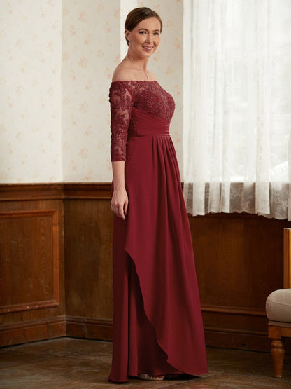 A-Line/Princess Crepe Lace Off-the-Shoulder 3/4 Sleeves Floor-Length Mother of the Bride Dresses