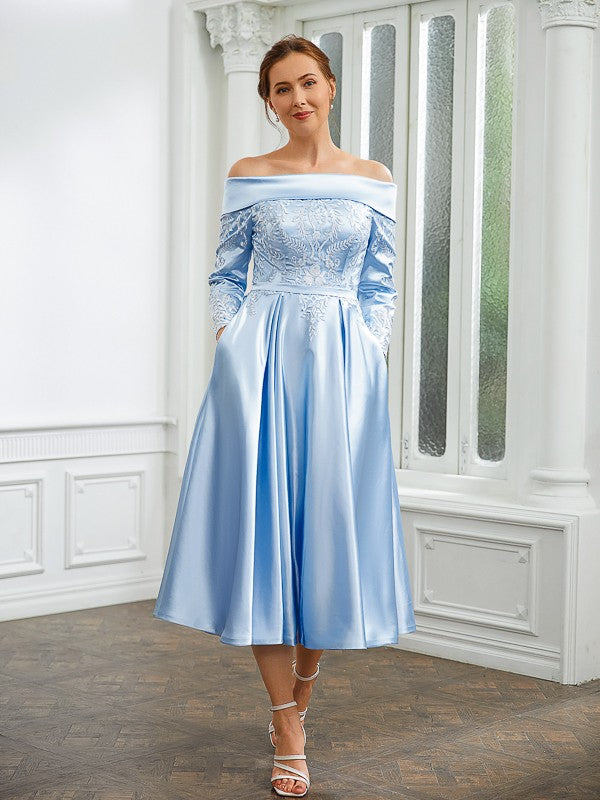 A-Line/Princess Woven Satin Ruched Off-the-Shoulder Long Sleeves Tea-Length Mother of the Bride Dresses