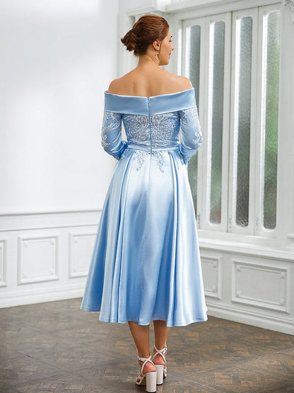 A-Line/Princess Woven Satin Ruched Off-the-Shoulder Long Sleeves Tea-Length Mother of the Bride Dresses
