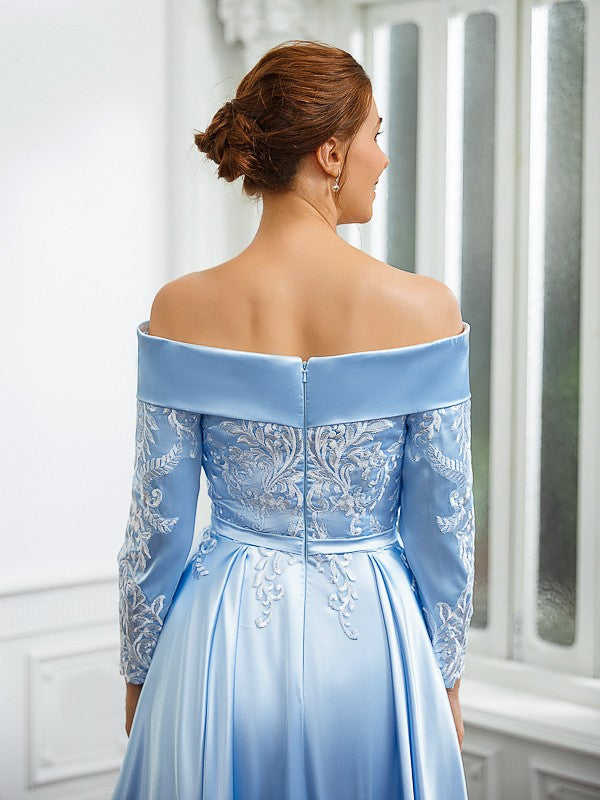 A-Line/Princess Woven Satin Ruched Off-the-Shoulder Long Sleeves Tea-Length Mother of the Bride Dresses