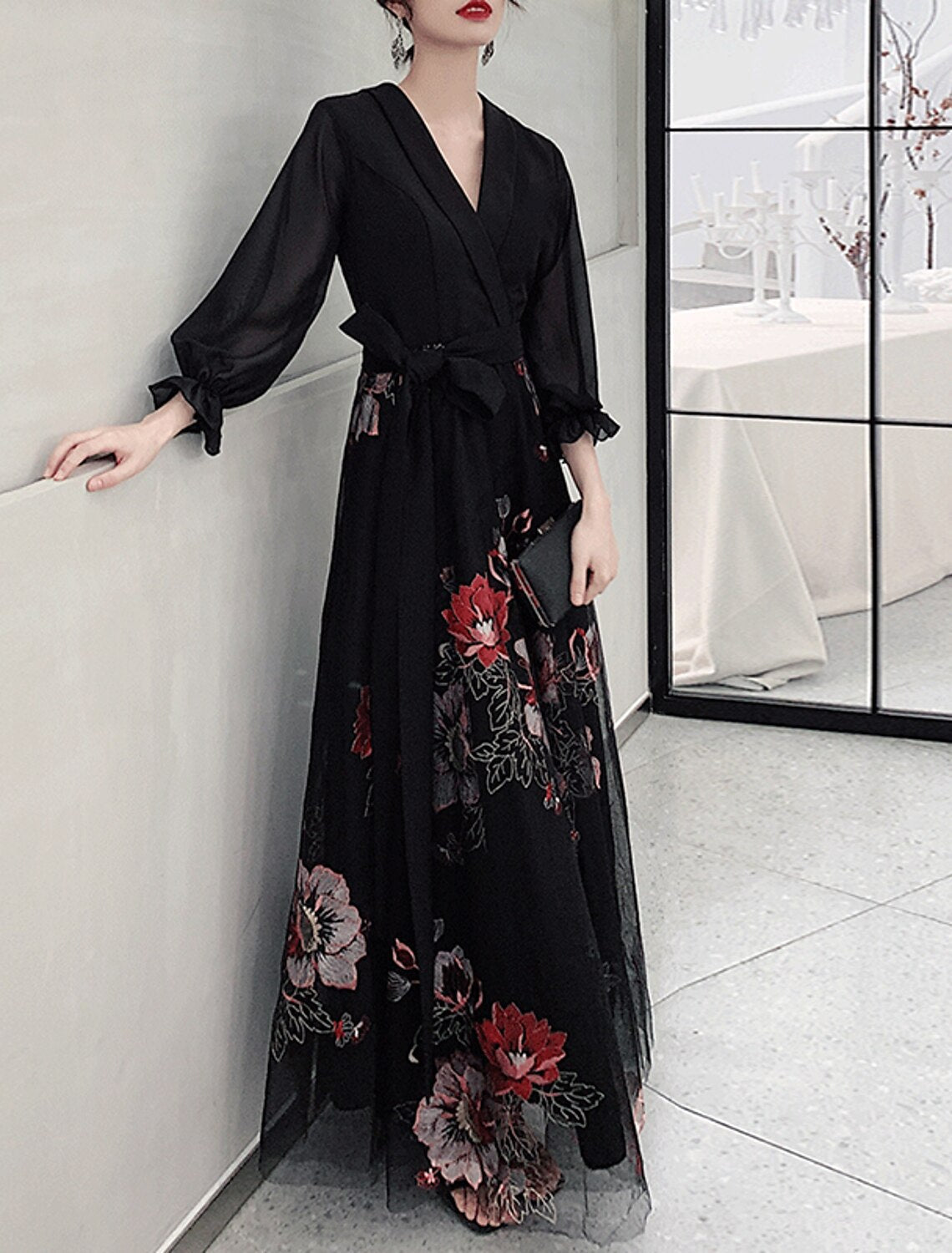 A-Line Floral Prom Formal Evening Dress V Neck 3/4 Length Sleeve Floor Length Spandex with Sash / Ribbon Embroidery