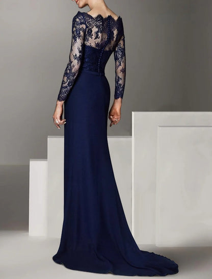 Mermaid / Trumpet Mother of the Bride Dress Formal Wedding Guest Elegant Off Shoulder Floor Length Lace Chiffon Long Sleeve with Lace Ruching