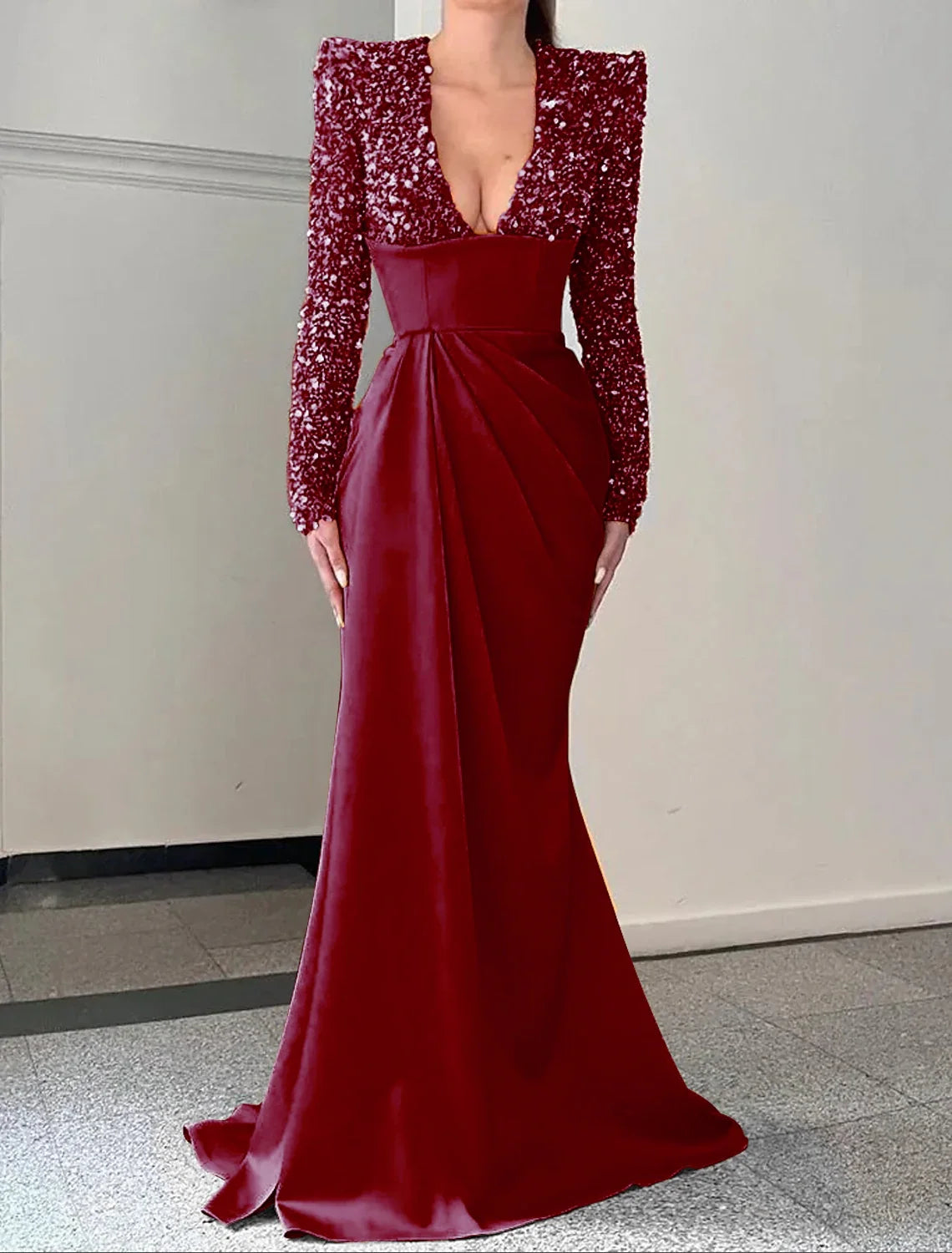 Mermaid / Trumpet Evening Gown Champagne Sparkle & Shine Dress Formal Sweep / Brush Train Long Sleeve V Neck Satin with Pleats Sequin 2026