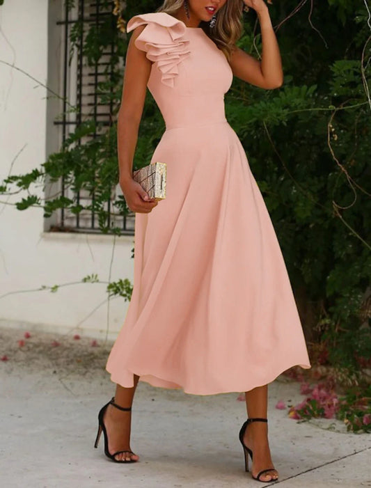 A-Line Cocktail Dresses Minimalist Dress Homecoming Wedding Guest Ankle Length Sleeveless Jewel Neck Fall Wedding Guest Fabric with Ruffles Pure Color