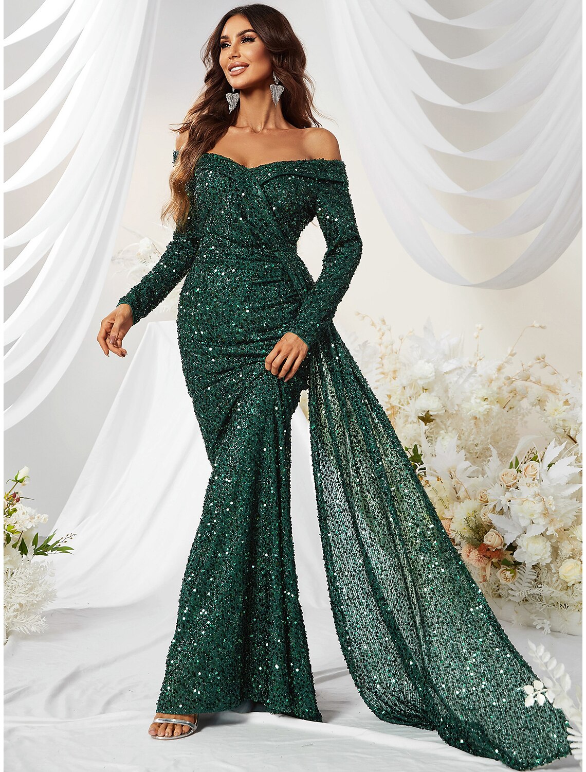 Mermaid Evening Gown Sparkle Christma Green Dress Formal Wedding Guest Sweep / Brush Train Long Sleeve Off Shoulder Polyester with Sequin