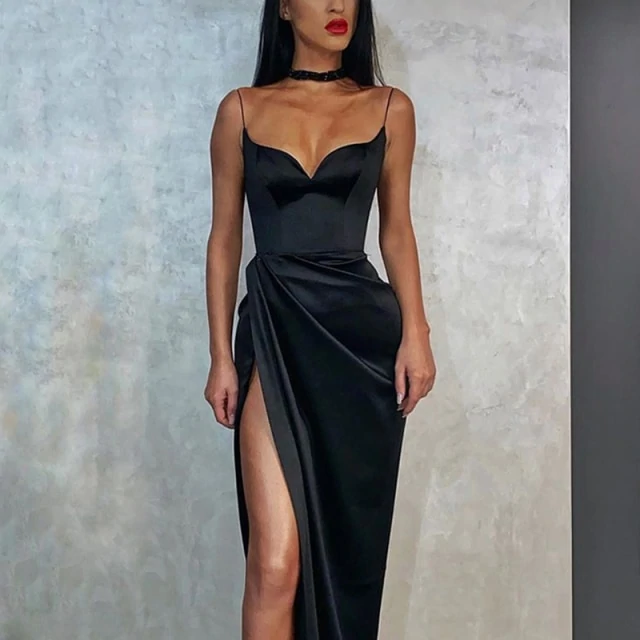Thin Straps Simple Prom Gown With Leg Slit Side