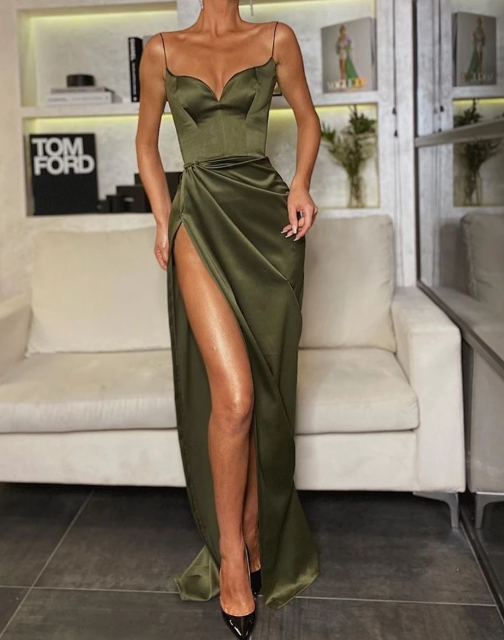 Thin Straps Simple Prom Gown With Leg Slit Side