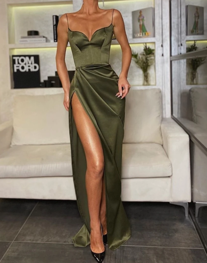Thin Straps Simple Prom Gown With Leg Slit Side