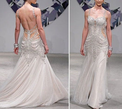 Girlhomeshops--Ivory white wedding dress exquisite beaded long open back tulle prom dress wedding dress gh5468