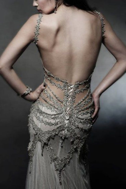Girlhomeshops--Ivory white wedding dress exquisite beaded long open back tulle prom dress wedding dress gh5468