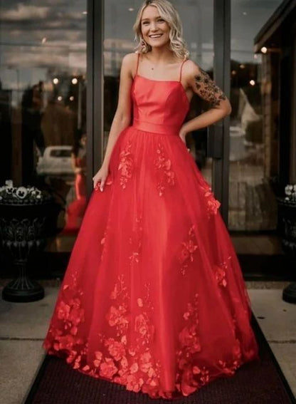 Spaghetti Tulle Prom Dresses Appliques Long Evening Gown C1218