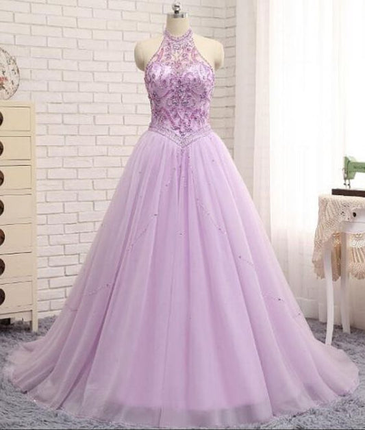 Charming Lilac A Line Prom Dresses Tulle Beaded Evening Gowns With Chapel Train C1387