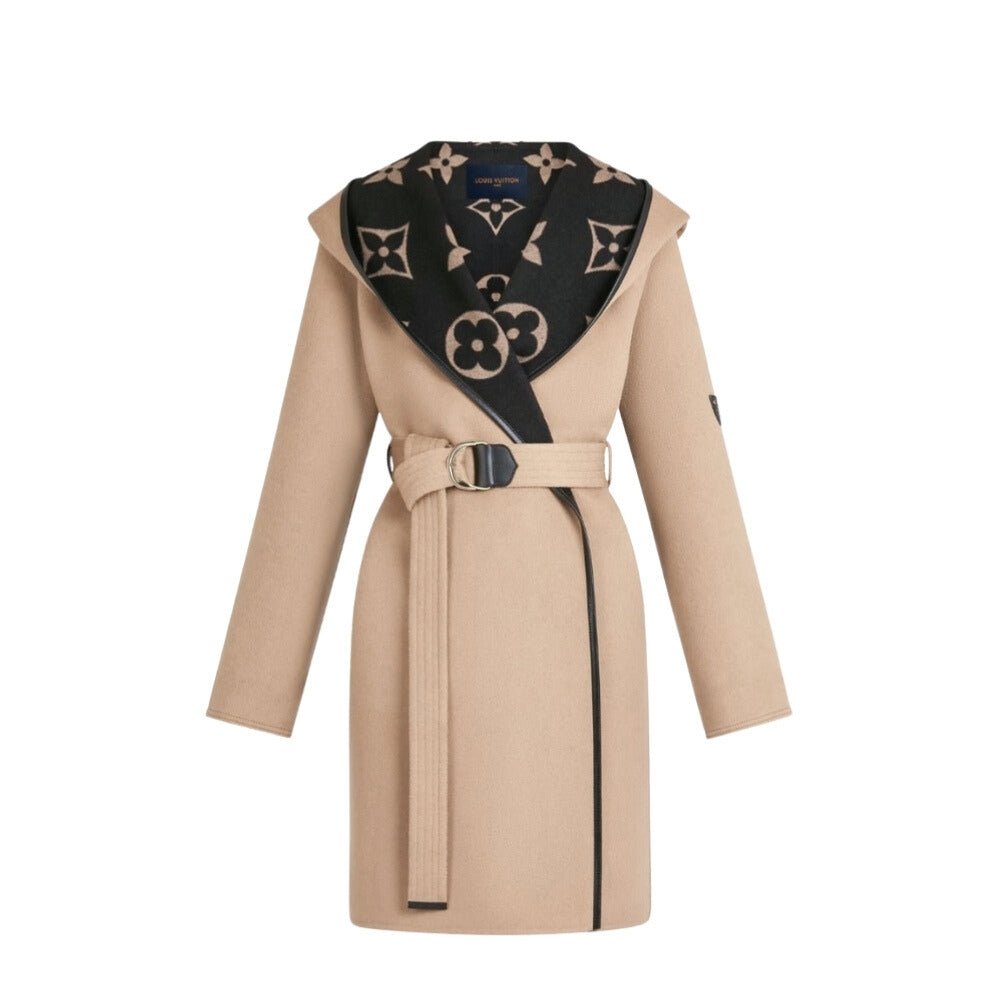 Louis Vuitton Hooded Coat Double Faced Silk Wool Brown