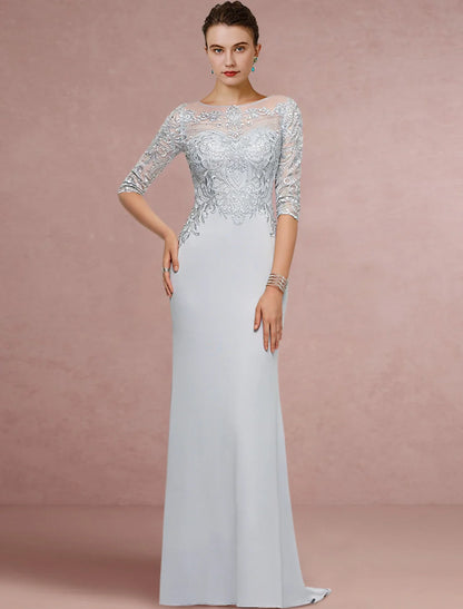 Sheath / Column Mother of the Bride Dress Wedding Guest Vintage Elegant Scoop Neck Sweep / Brush Train Chiffon Lace Half Sleeve with Sequin