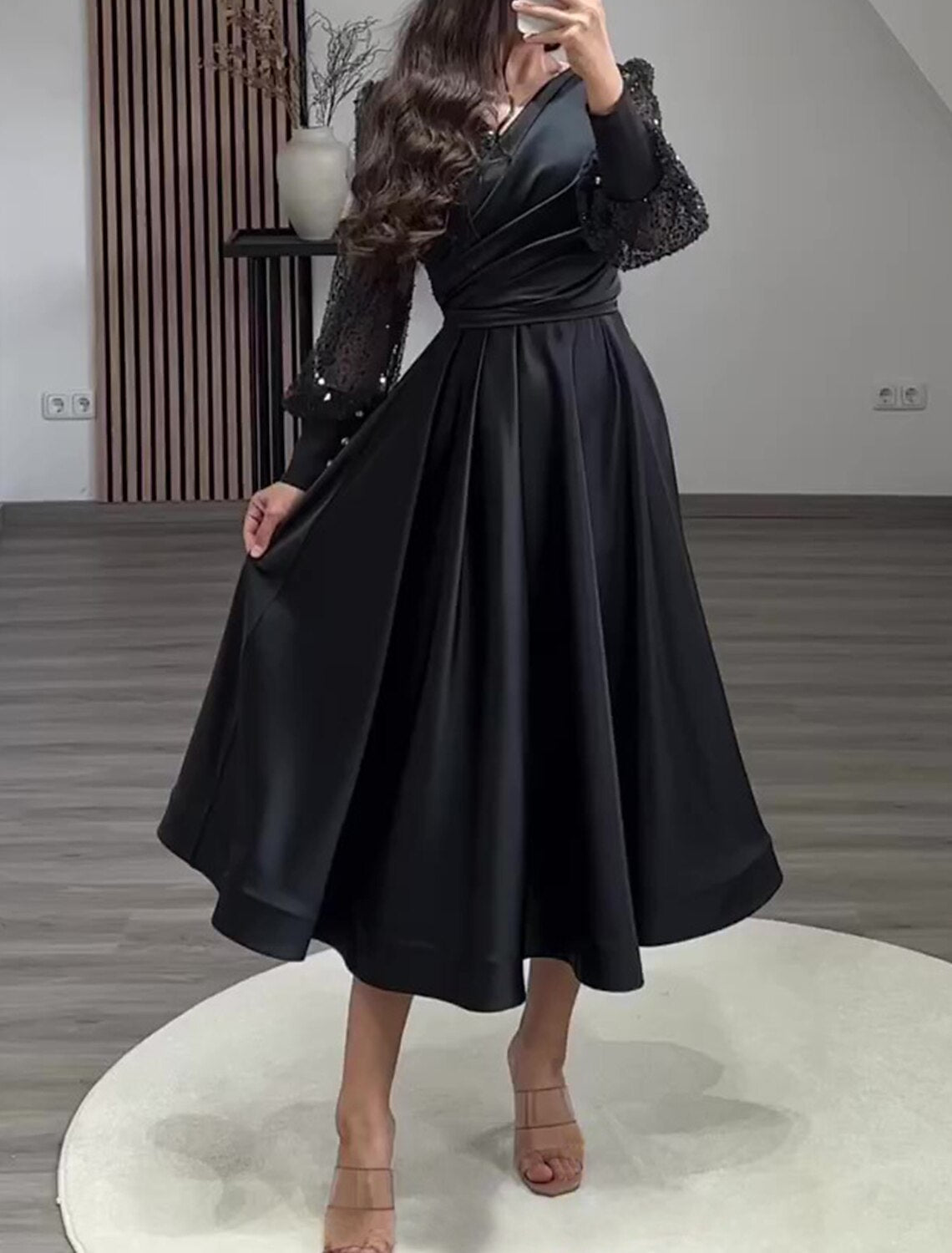 A-Line Cocktail Dresses Sparkle Black Dress Wedding Party Wear Tea Length Long Sleeve V Neck Charmeuse with Ruched Pearls Sequin 2026