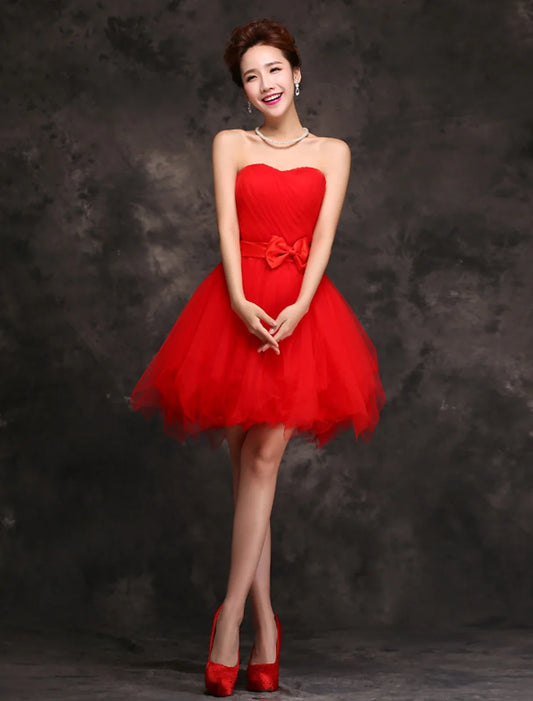 Ball Gown Cocktail Dresses Vintage Dress Wedding Guest Homecoming Short / Mini Sleeveless Sweetheart Tulle with Bow(s) Ruffles Pure Color