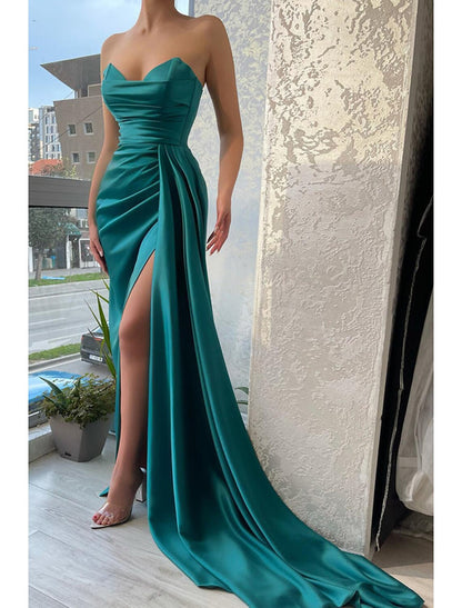 Mermaid Party Dress Evening Gown Sexy Dress Wedding Wedding Reception Court Train Sleeveless Strapless Satin with Ruched Slit 2026
