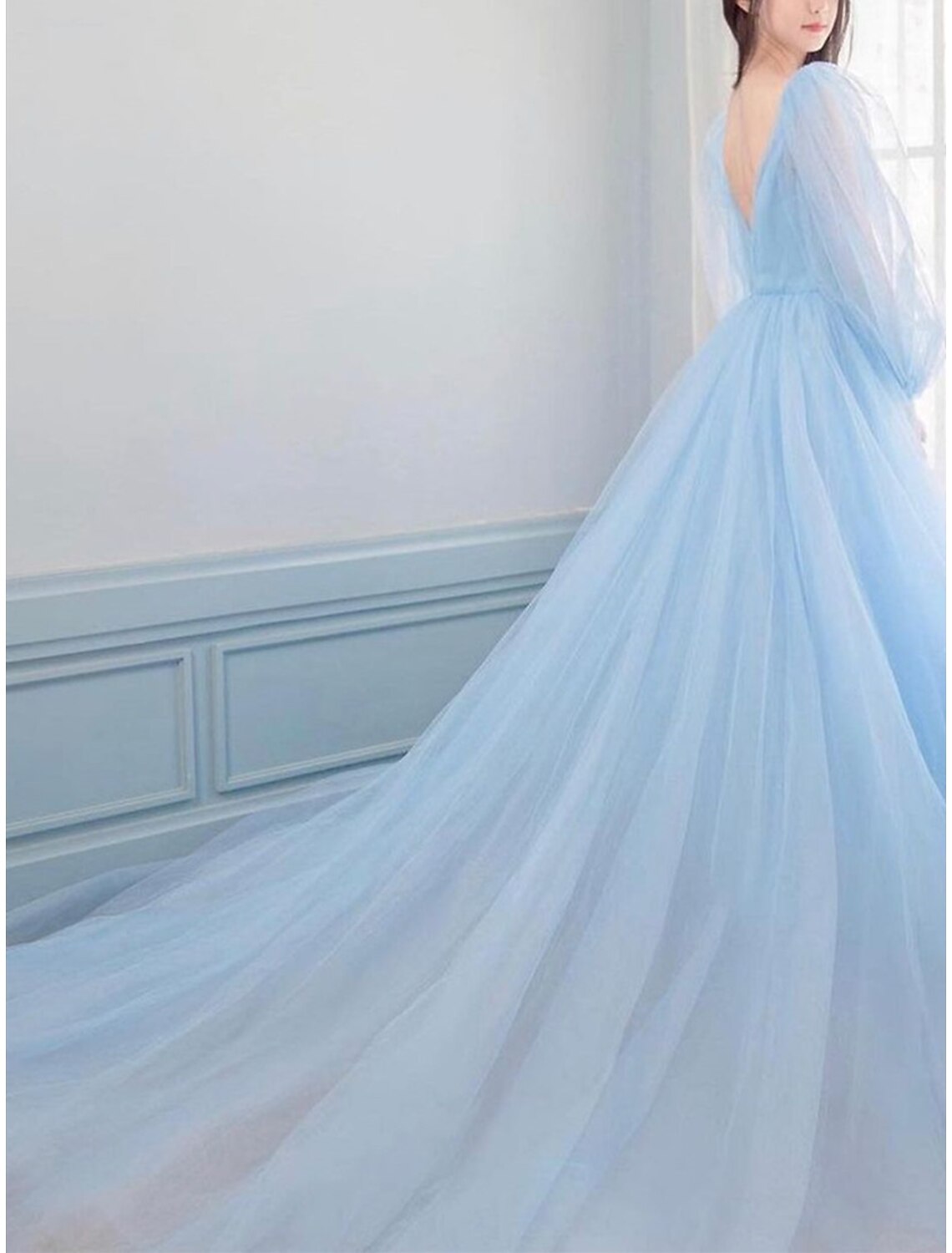 A-Line Prom Dresses Luxurious Dress Engagement Prom Watteau Train Long Sleeve V Neck Tulle V Back with Sleek Pure Color 2025
