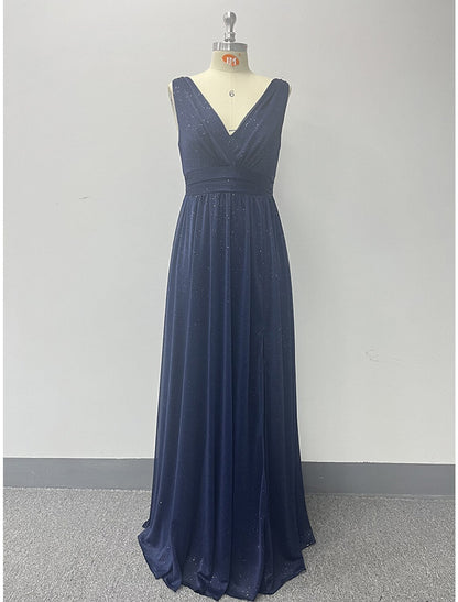 A-Line Evening Gown Empire Dress Wedding Guest Party Wear Floor Length Sleeveless V Neck Spandex V Back with Glitter Slit