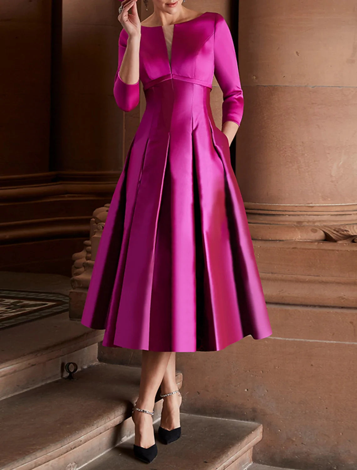 A-Line Cocktail Dresses Minimalist Dress Christmas Red Green Dress Wedding Guest Tea Length 3/4 Length Sleeve Jewel Neck Fall Wedding Guest Satin with Pleats 2026