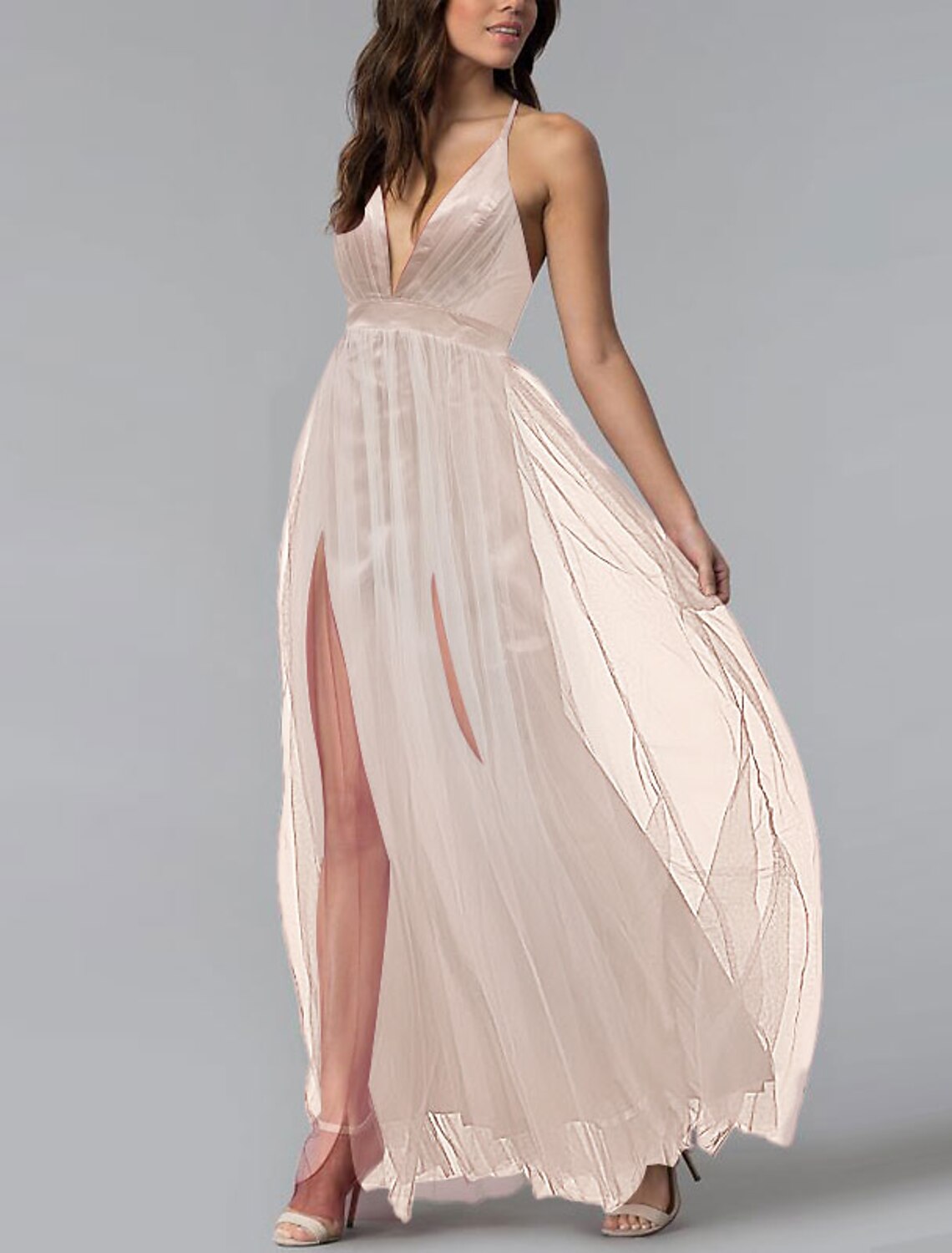 Sheath / Column Prom Dresses Elegant Dress Wedding Guest Prom Floor Length Sleeveless Halter Neck Bridesmaid Dress Tulle Crisscross Back with Sash / Ribbon Pleats Split Front