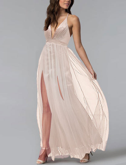 Sheath / Column Prom Dresses Elegant Dress Wedding Guest Prom Floor Length Sleeveless Halter Neck Bridesmaid Dress Tulle Crisscross Back with Sash / Ribbon Pleats Split Front