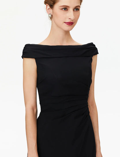 Sheath / Column Mother of the Bride Dress Furcal Off Shoulder Floor Length Chiffon Short Sleeve No with Pleats Split Front