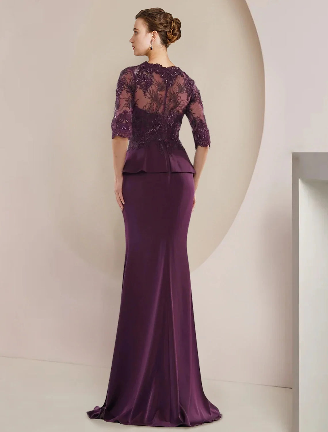 Mermaid / Trumpet Mother of the Bride Dress Formal Wedding Guest Luxurious Elegant V Neck Floor Length Lace Chiffon Half Sleeve with Beading Ruffles Appliques