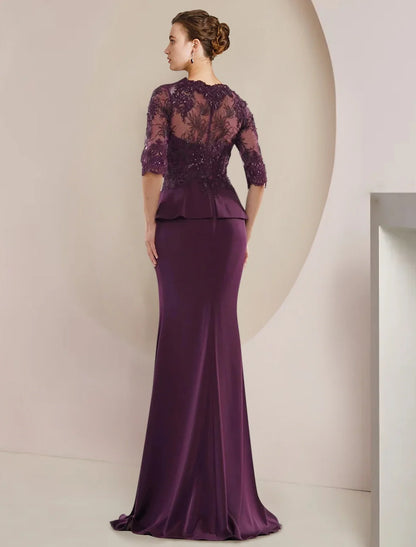 Mermaid / Trumpet Mother of the Bride Dress Formal Wedding Guest Luxurious Elegant V Neck Floor Length Lace Chiffon Half Sleeve with Beading Ruffles Appliques