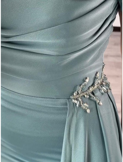 Sheath / Column Evening Gown Elegant Dress Formal Court Train Short Sleeve Square Neck Satin with Pleats Ruched Crystals