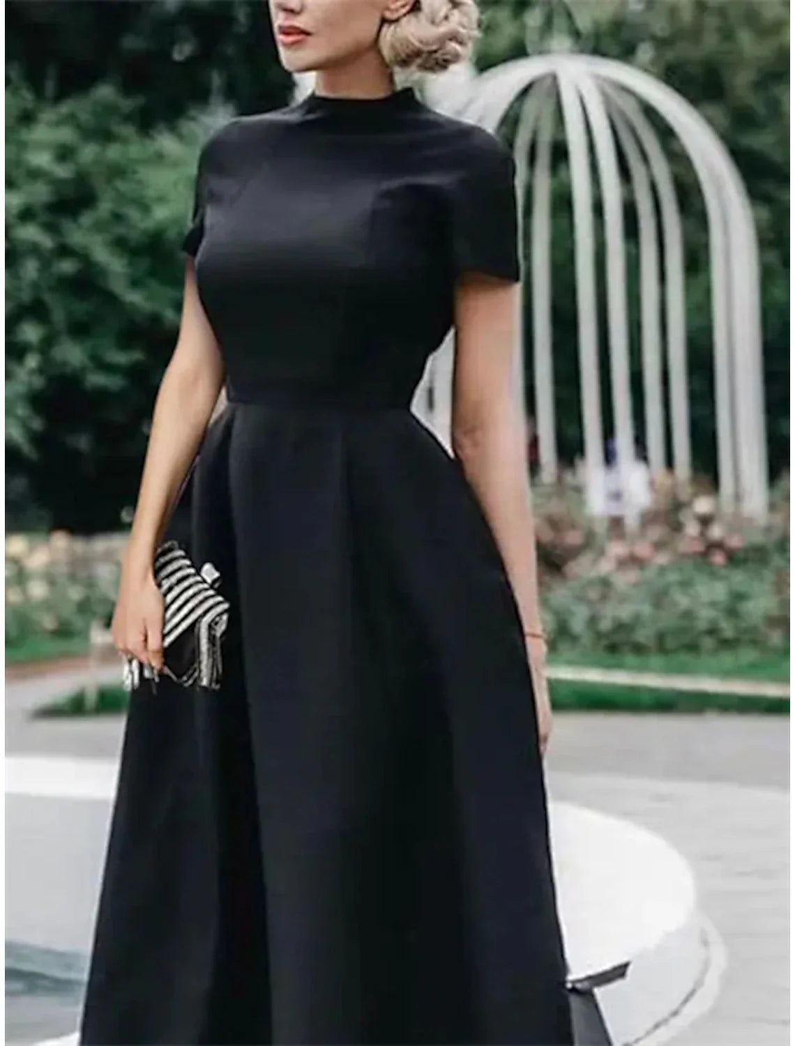 A-Line Wedding Guest Dresses Minimalist Dress Party Dress Wedding Party Tea Length Short Sleeve High Neck Satin with Pleats Pure Color