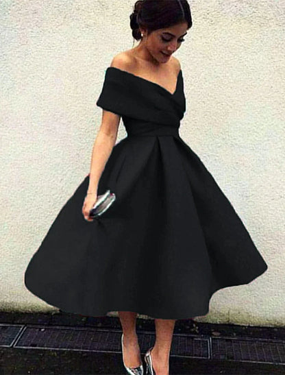 A-Line Cocktail Dresses 1950s Dress Wedding Guest Homecoming Tea Length Short Sleeve V Neck Fabric V Back with Pleats