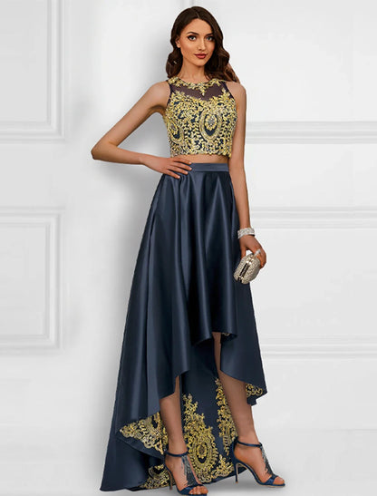 Two Piece Cocktail Dresses Sparkle & Shine Dress Prom Wedding Party Asymmetrical Sleeveless Jewel Neck Charmeuse with Appliques