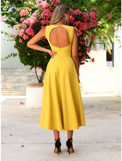 A-Line Cocktail Dresses Minimalist Dress Homecoming Wedding Guest Ankle Length Sleeveless Jewel Neck Fall Wedding Guest Fabric with Ruffles Pure Color