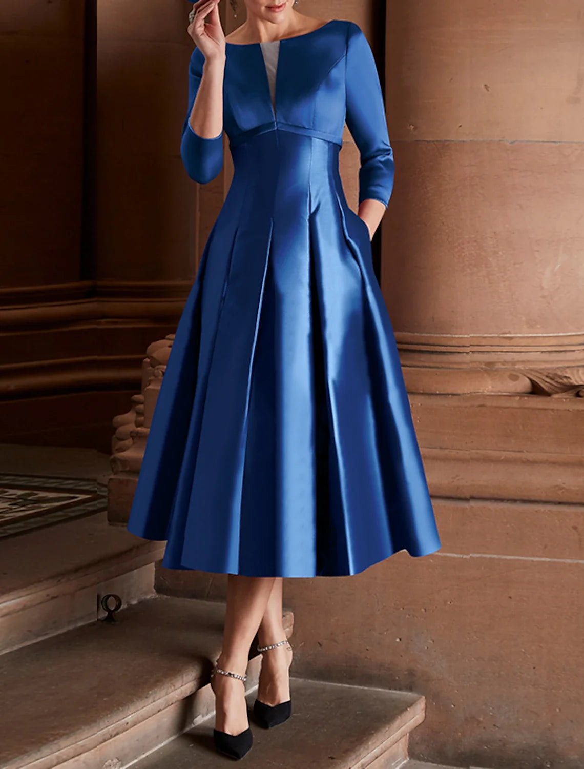 A-Line Cocktail Dresses Minimalist Dress Christmas Red Green Dress Wedding Guest Tea Length 3/4 Length Sleeve Jewel Neck Fall Wedding Guest Satin with Pleats 2026