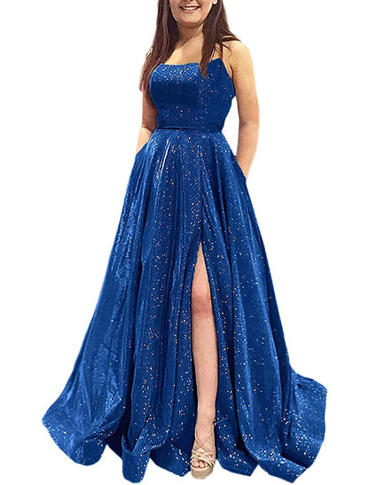 A-Line Prom Dresses Sparkle & Shine Dress Formal Prom Floor Length Sleeveless Strapless Pocket Satin Backless with Slit Pocket