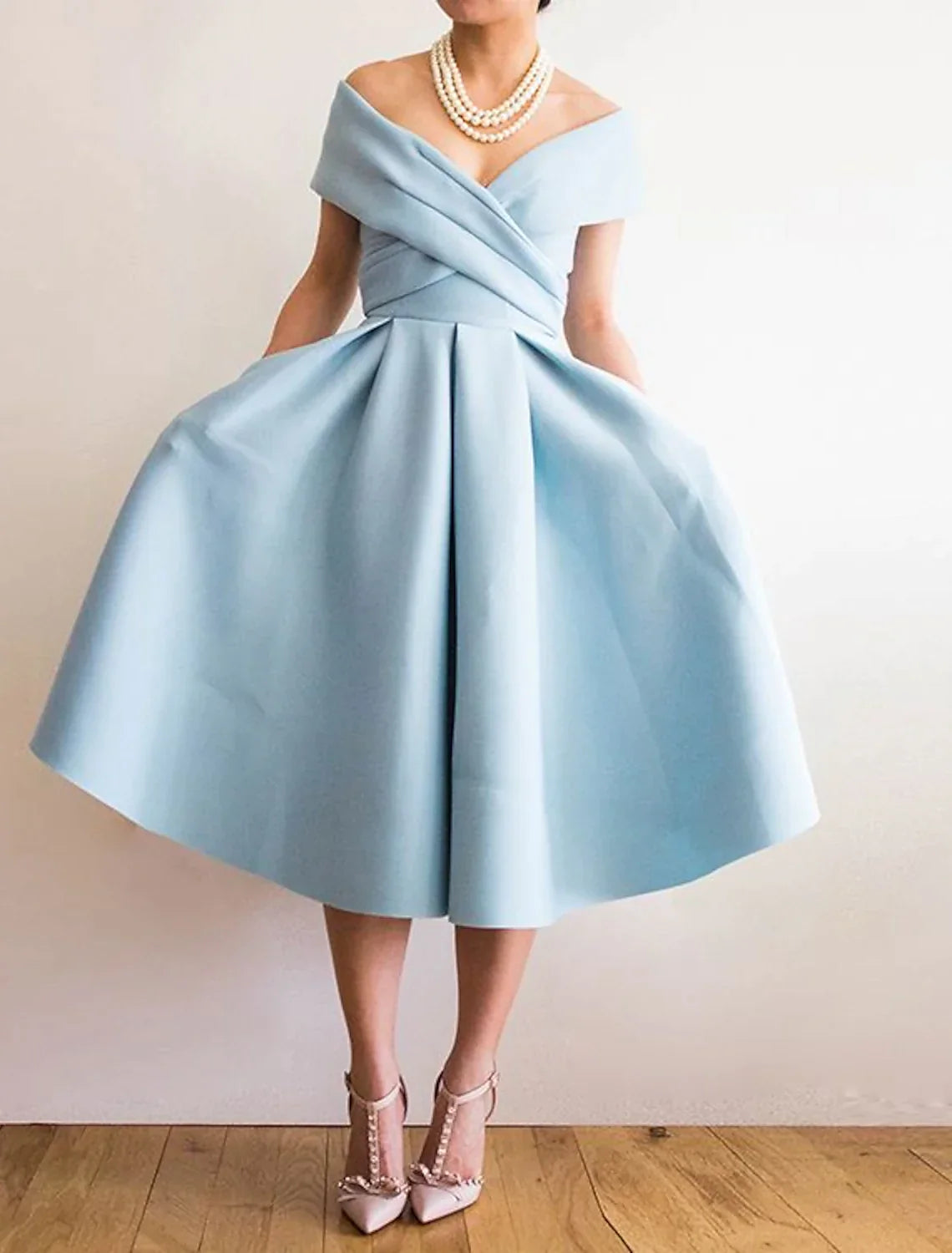 A-Line Cocktail Dresses 1950s Dress Wedding Guest Homecoming Tea Length Short Sleeve V Neck Fabric V Back with Pleats