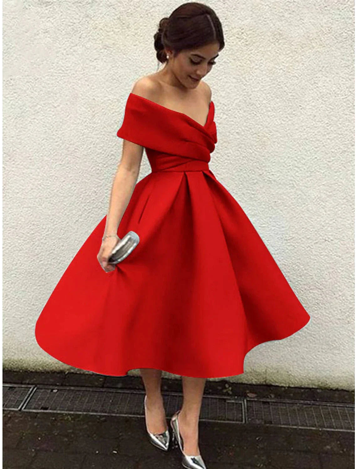 A-Line Cocktail Dresses 1950s Dress Wedding Guest Homecoming Tea Length Short Sleeve V Neck Fabric V Back with Pleats