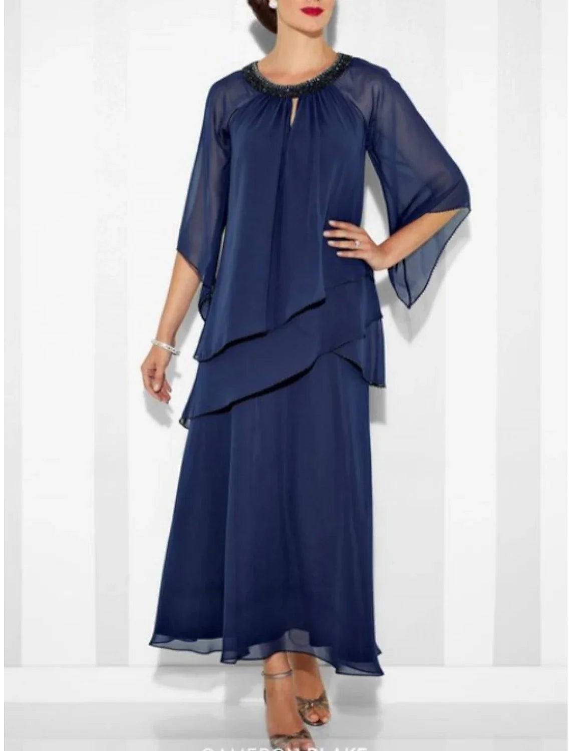 Sheath / Column Mother of the Bride Dress Wedding Guest Elegant Party Jewel Neck Ankle Length Chiffon 3/4 Length Sleeve with Crystals Ruching