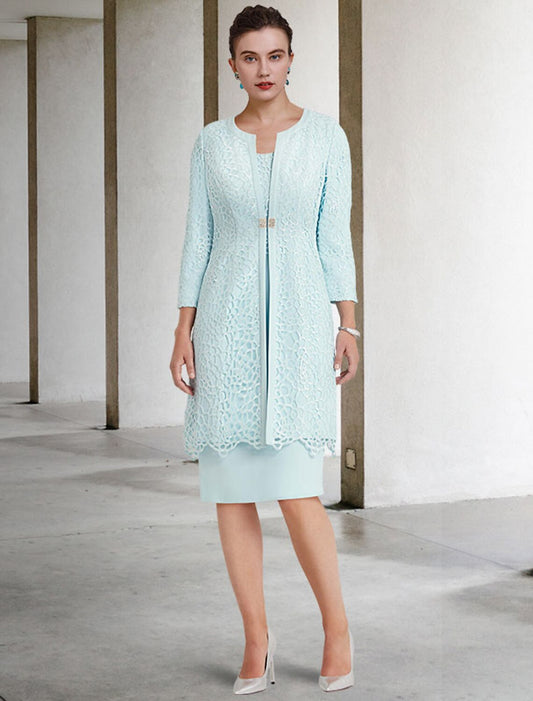 Two Piece Sheath / Column Mother of the Bride Dress Church Elegant Winter With Jacket Half Sleeve Scoop Neck Knee Length Lace Chiffon Crystal Brooch