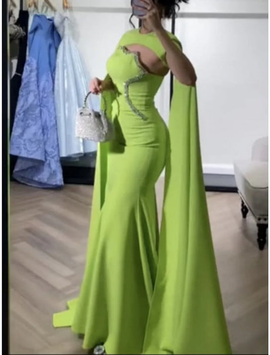 A-Line Evening Gown Elegant Dress Formal Sweep / Brush Train Christmas Red Green Dress Sleeveless Jewel Neck Fabric with Pleats Sequin