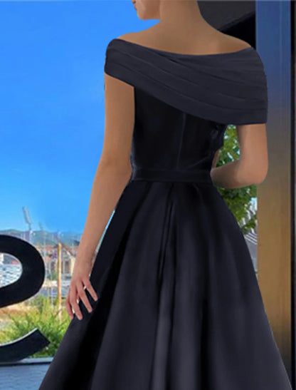 A-Line Prom Dresses Black Dress Plus Size Formal Wedding Party Floor Length Short Sleeve Off Shoulder Satin with Ruched Slit 2026