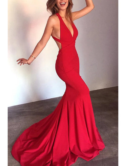 Mermaid / Trumpet Evening Gown Open Back Dress Formal Prom Court Train Sleeveless V Neck Fabric with Strappy 2026
