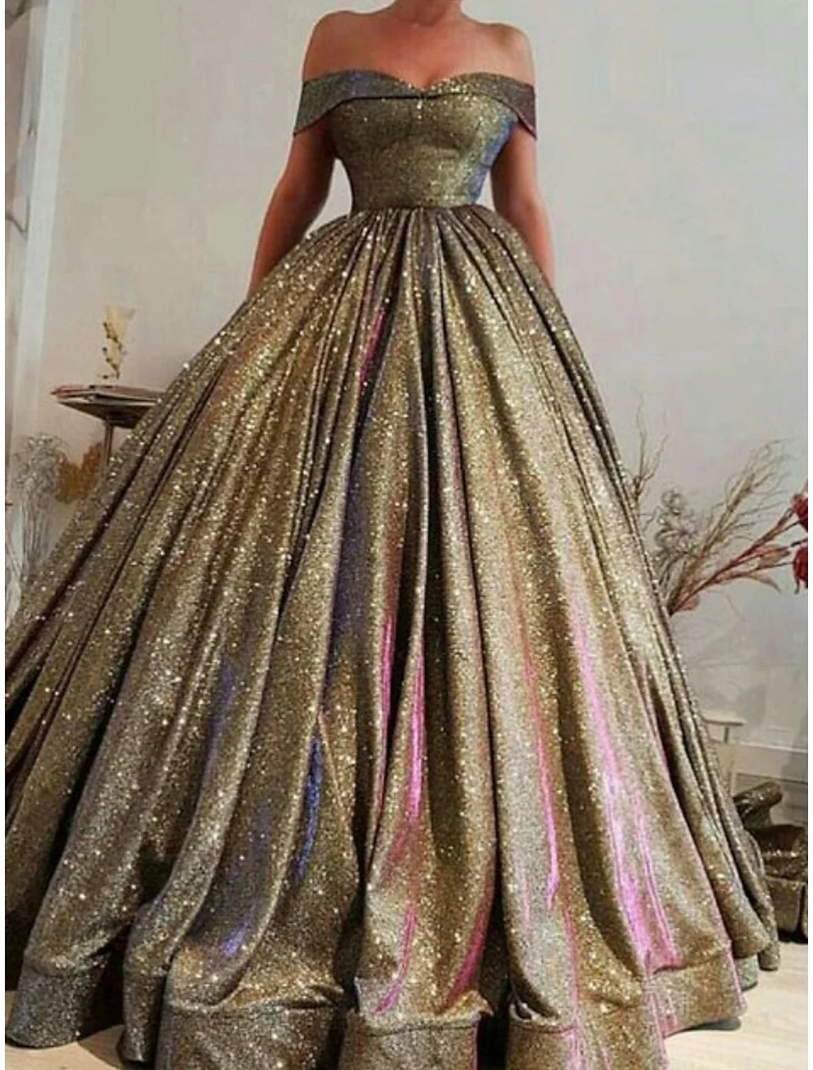 A-Line Prom Dresses Elegant Dress Black Tie Gala Court Train Short Sleeve Off Shoulder Sequined with Glitter Pleats